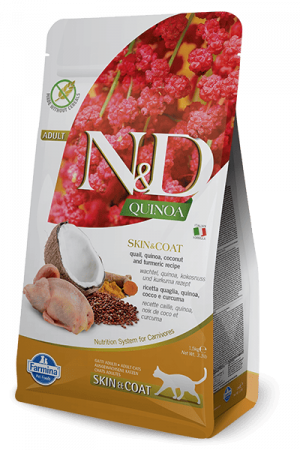 FARMINA N&D CAT GF QUINOA QUAIL SKIN COAT sausā barība kaķiem Paipala, kvinoja 1.5kg